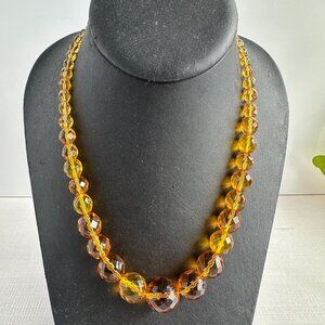 Vintage Faceted Amber Glass Bead Necklace, 17.5 Inch Graduated Statement Necklac